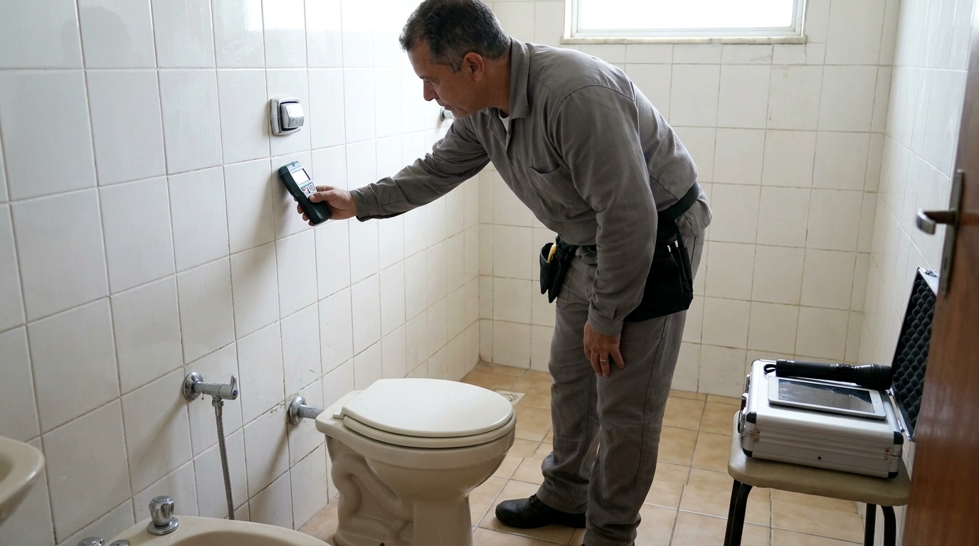 Técnico de caça vazamento analisando tubulação em Santo André‑SP