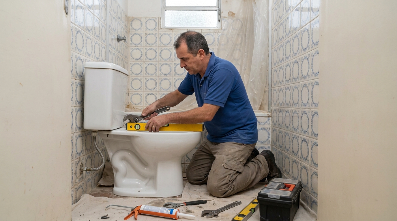 Técnico instalando vaso sanitário em Santo André‑SP